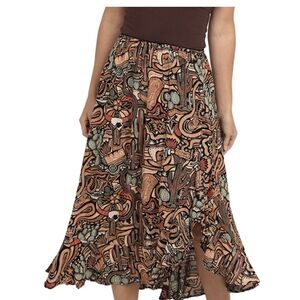 Lola P. Women Western Boho Printed Midi Skirt - Brown Multi Size L